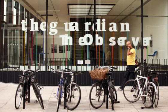 A photo of the front windows of the Guardian's offices in London
