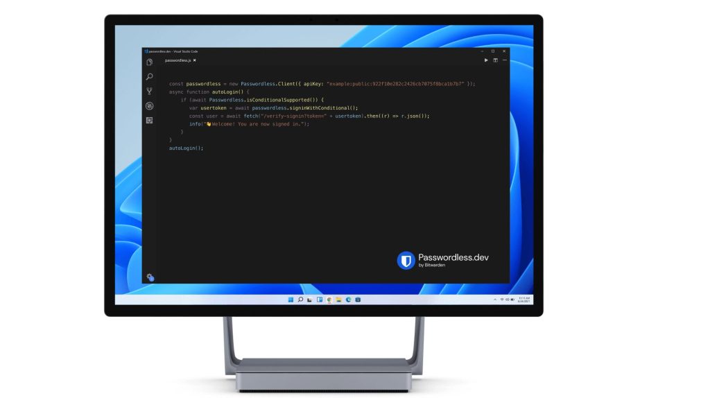 computer monitor displaying Passwordless.dev by Bitwarden