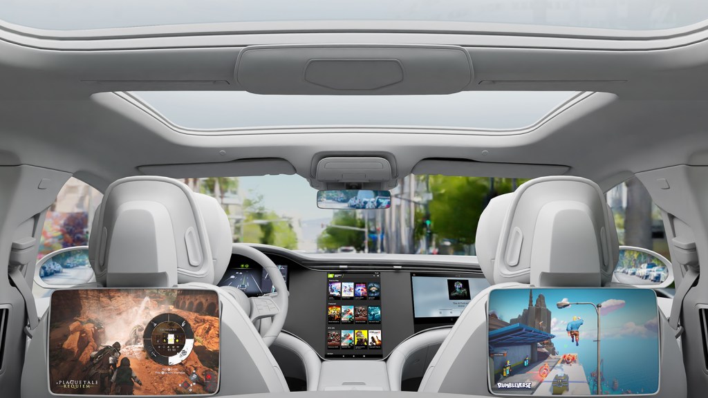 three screens inside a vehicle demonstrate Nvidia's in-car gaming service