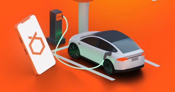 Illustration of electric car at an Orange charging station