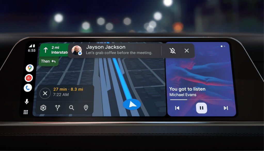 car display screen featuring navigation, music, incoming text message