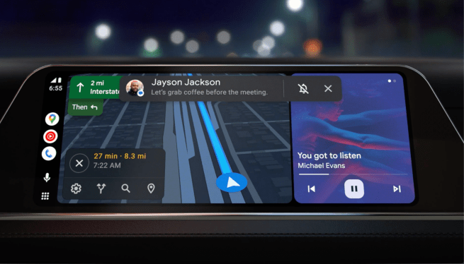 car display screen featuring navigation, music, incoming text message