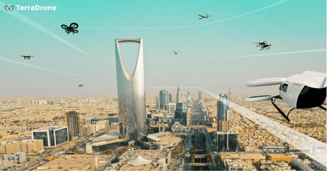 Drones flying into urban landscape