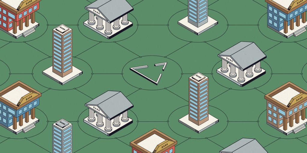 illustration of banks and buildings on green background