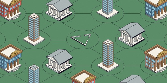 illustration of banks and buildings on green background