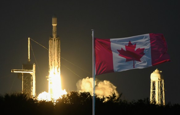 Falcon Heavy launch with superimposed Canadian flag