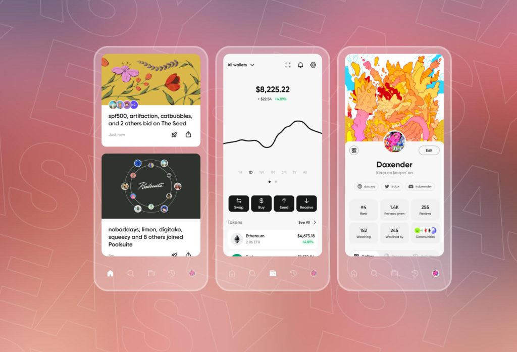 A screenshot of the Easy Company's social crypto wallet, showing its NFT feed, prices and user profiles