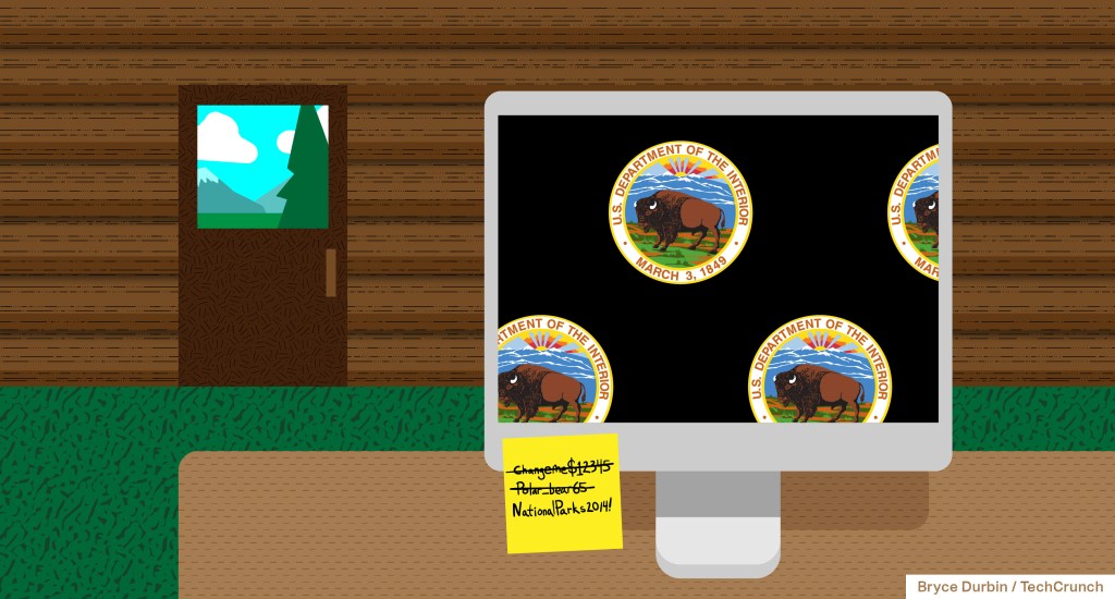 an illustration of a log cabin with a computer on a desk, with a post-it note on the display with several passwords crossed out
