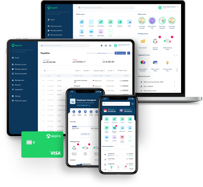 Aspire's products displayed on laptop, tablet and two phones, along with a green credit card