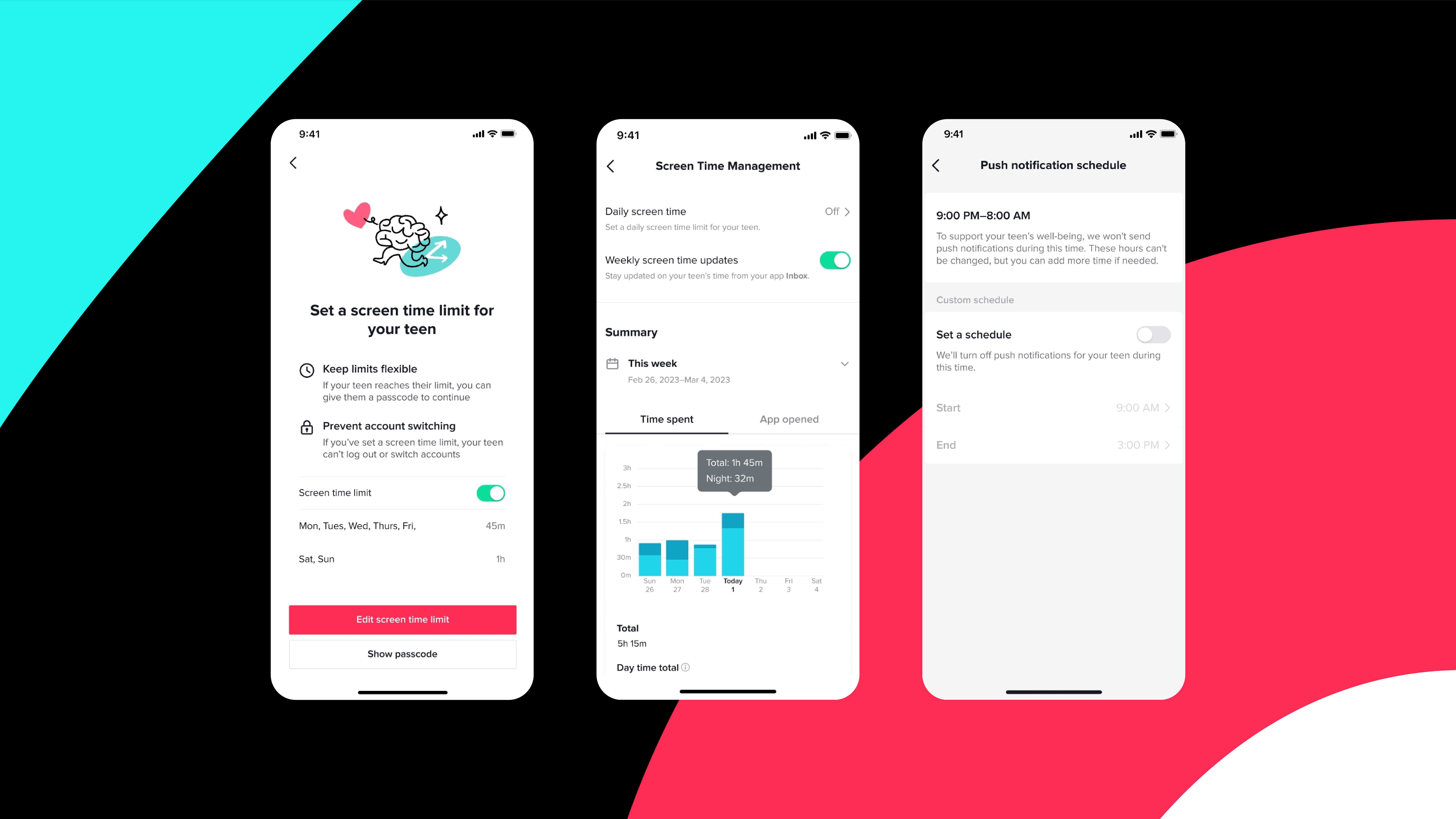 TikTok Family Pairing updates shown on 3 smartphone screens