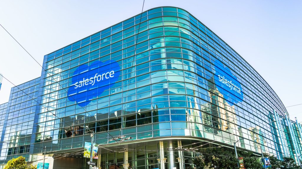 Salesforce logos on the windows of Moscone Center in San Francisco in November 2019 for the company's annual Dreamforce customer conference.