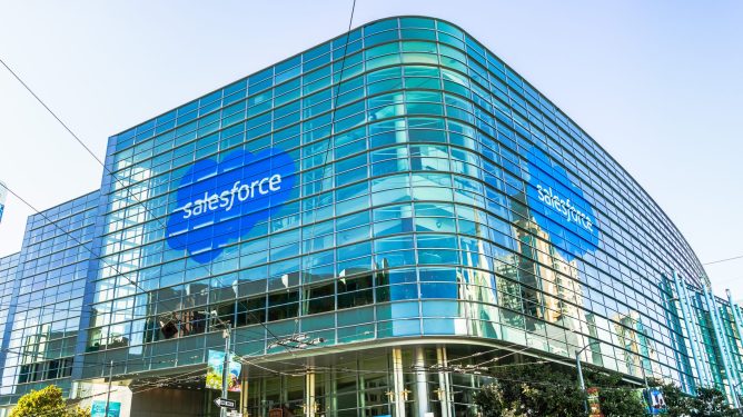 Salesforce logos on the windows of Moscone Center in San Francisco in November 2019 for the company's annual Dreamforce customer conference.