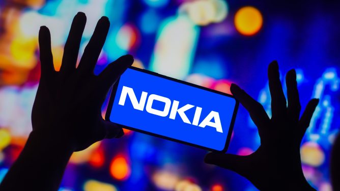 The Nokia logo is displayed on a smartphone screen.