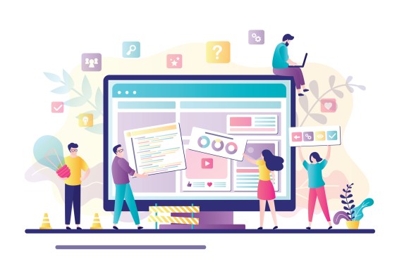 Business people collaborating to build a website.