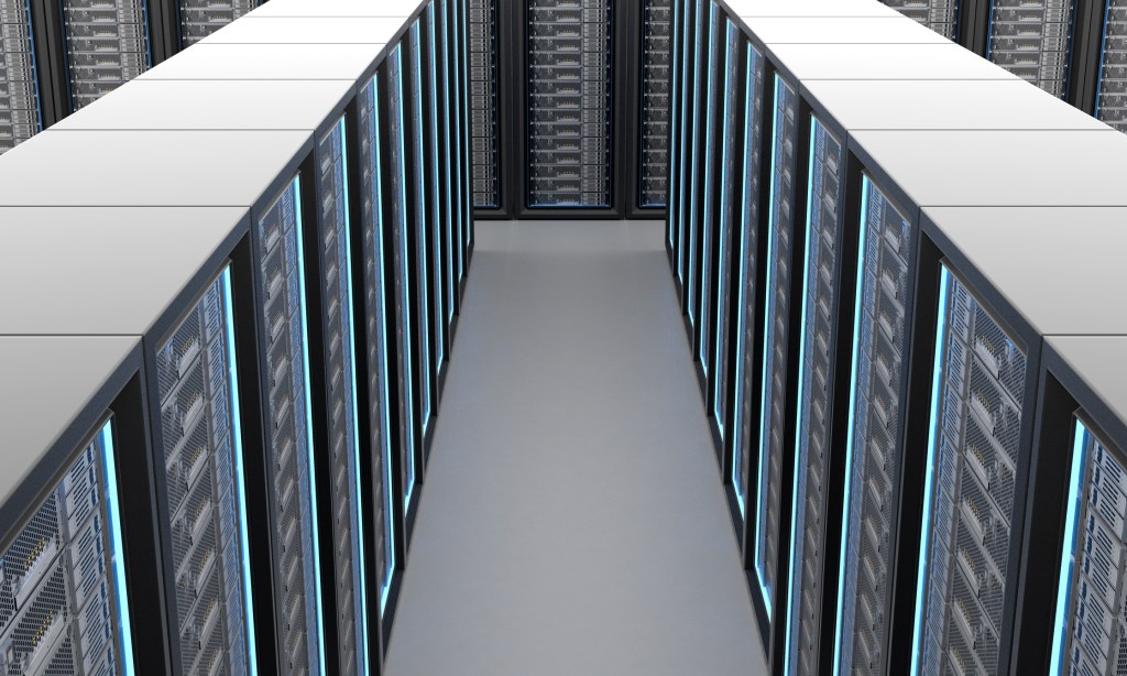 View looking down on servers in a data center.