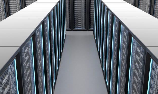 View looking down on servers in a data center.