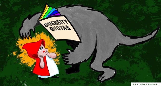 Big Bad Wolf, whose head is replaced with a folder of "Diversity Quotas", threatens Little Red Riding Hood