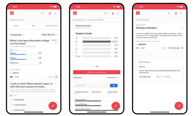 Kempus app on 3 smartphone screens