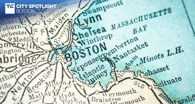 map of boston, text overlay reads "TechCrunch City Spotlight: Boston"