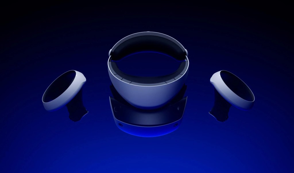 The PlayStation VR2 headset and controllers on a blue background.