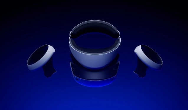The PlayStation VR2 headset and controllers on a blue background.