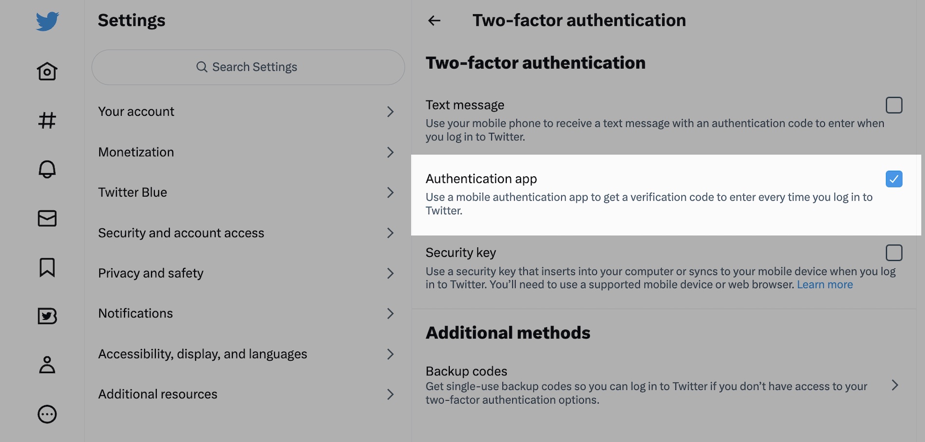 a screenshot of Twitter's two-factor authentication settings