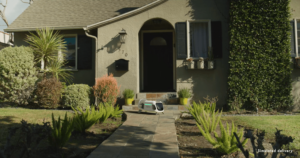 Zipline delivery drone droid in front of a house