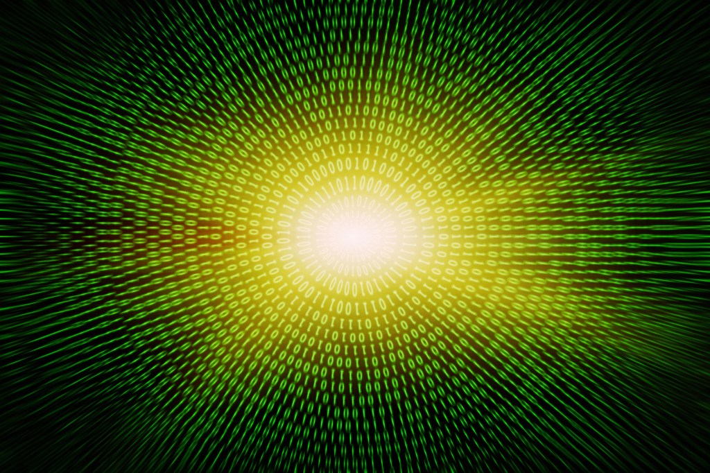 Binary code swirling in circles with extremely bright light in the middle.