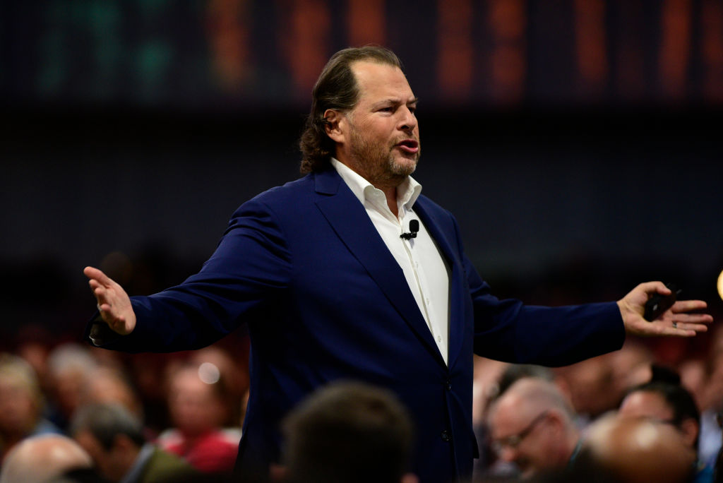 Salesforce CEO and chair Marc Benioff with arms outstretched speaking to the audience at Dreamforce in 2022.