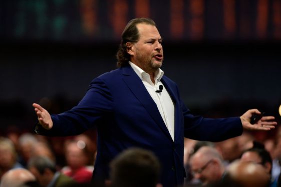 Salesforce CEO and chair Marc Benioff with arms outstretched speaking to the audience at Dreamforce in 2022.