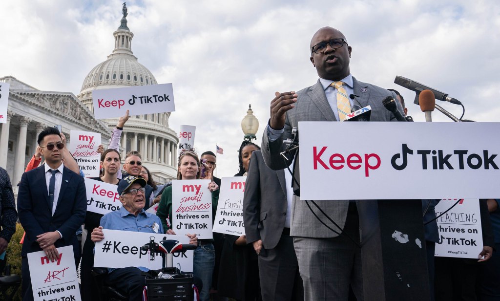 Representative Jamaal Bowman, a Democrat from New York, speaks during a news conference outside the US Capitol in Washington, DC, US, on Wednesday, March 22, 2023. The TikTok chief executive officer plans to tell Congress on Thursday his app does more to protect young users than rival social media and that Beijing has no authority over its data. Photographer: Nathan Howard/Bloomberg via Getty Images