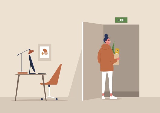Illustration of young woman with a box leaving her office after being laid off.