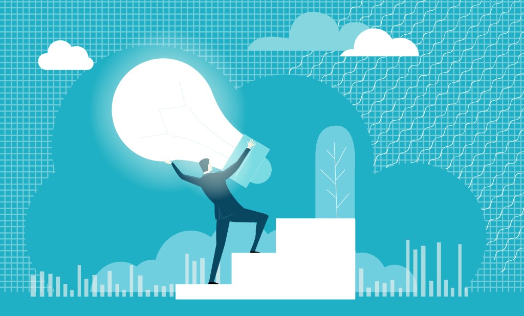 Business man carrying a light bulb representing an idea up a flight of stairs.