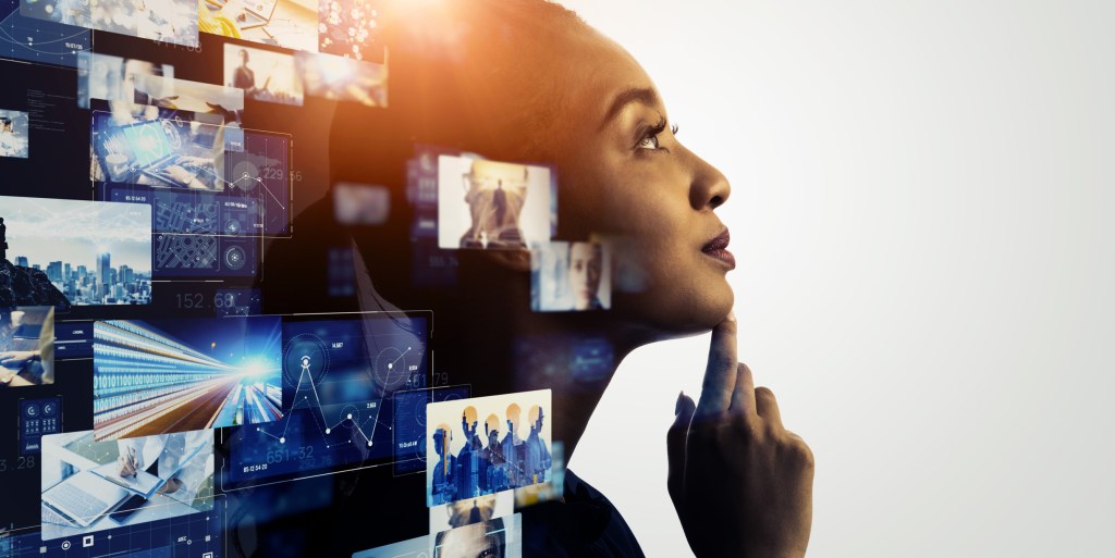 Woman thinking creatively and pictures appear behind her representing her creative process.
