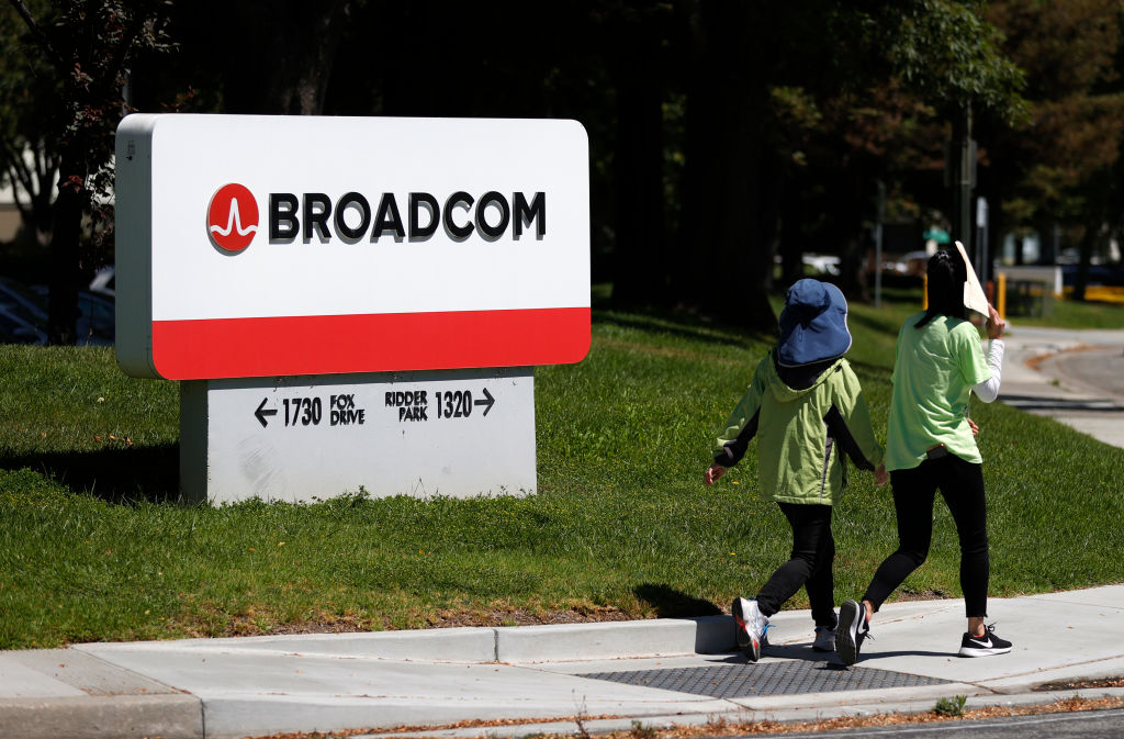 Broadcom sign in front the company's headquarters in San Jose, California