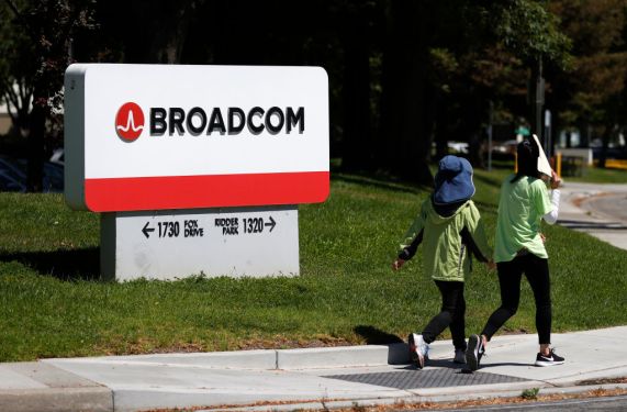 Broadcom sign in front the company's headquarters in San Jose, California