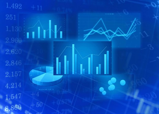 Various charts and graphs on a blue background.