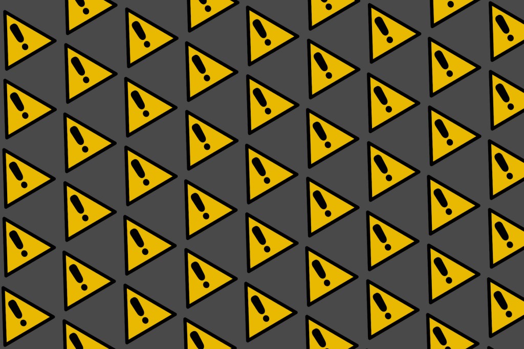 Warning signs pattern with yellow and black triangle with exclamation mark, on grey background.
