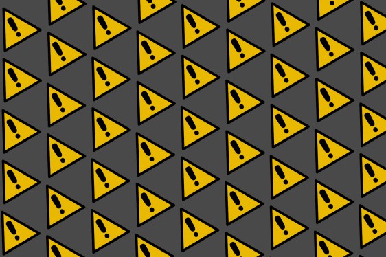 Warning signs pattern with yellow and black triangle with exclamation mark, on grey background.