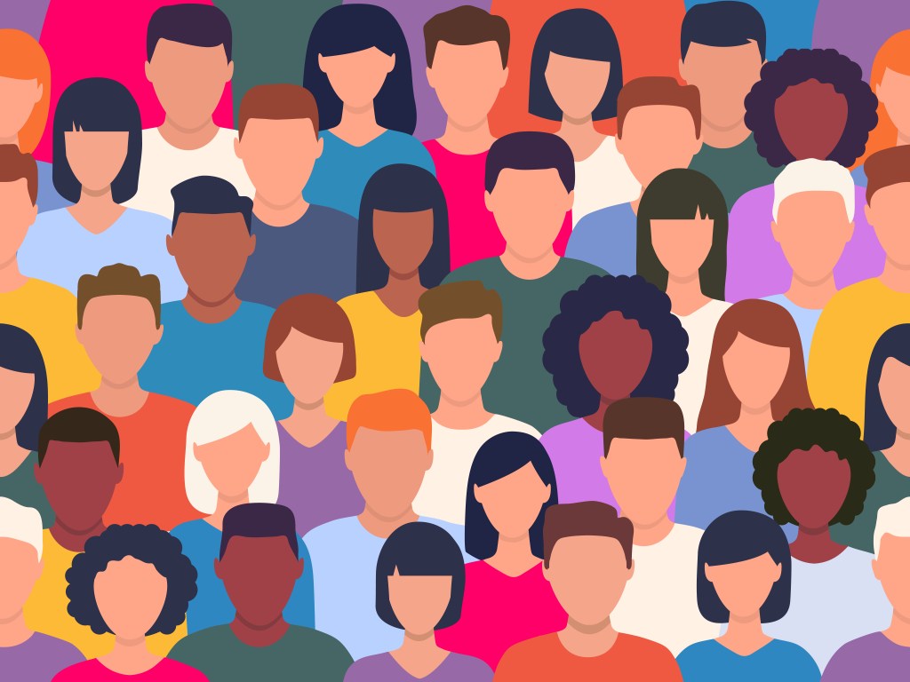 People crowd colorful pattern, illustration