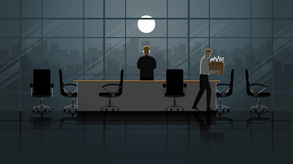 Sad worker leaves office with box full of belongings in this illustration.