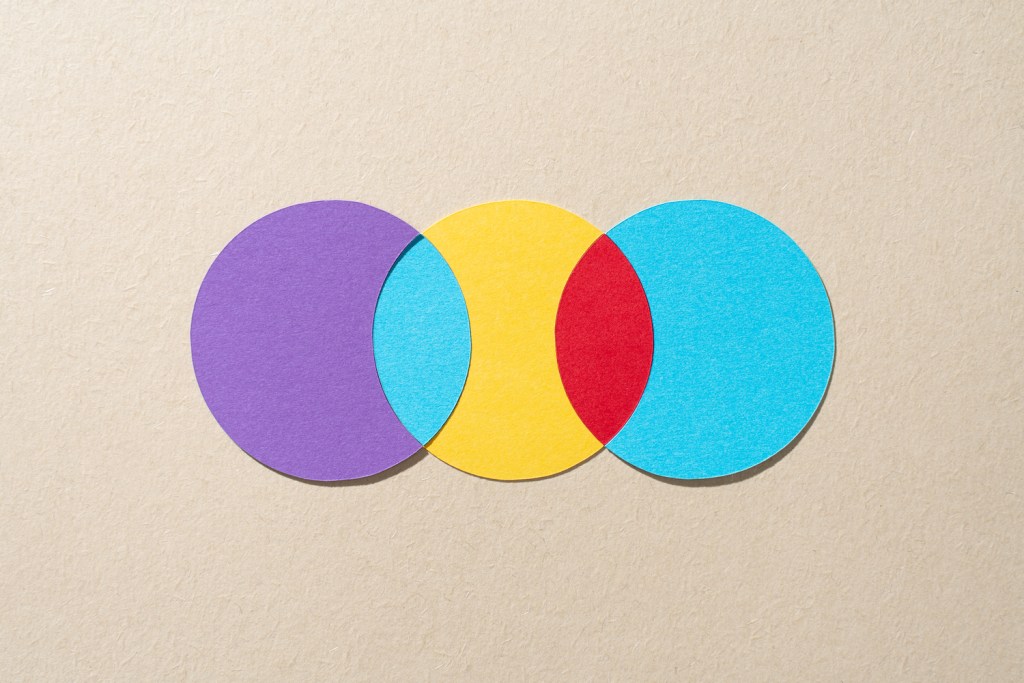Paper Craft Multi Colored Venn Chart Composed of Three Crossing Circles on Beige Background Directly Above View.