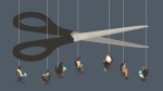 Illustration with large scissors cutting strings attached to a group of employees to symbolize layoffs or job cuts.