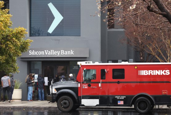 SANTA CLARA, CALIFORNIA - MARCH 10: A Brinks armored truck sits parked in front of the shuttered Silicon Valley Bank (SVB) headquarters on March 10, 2023 in Santa Clara, California. Silicon Valley Bank was shut down on Friday morning by California regulators and was put in control of the U.S. Federal Deposit Insurance Corporation. Prior to being shut down by regulators, shares of SVB were halted Friday morning after falling more than 60% in premarket trading following a 60% declined on Thursday when the bank sold off a portfolio of US Treasuries and $1.75 billion in shares to cover declining customer deposits. (Photo by Justin Sullivan/Getty Images)