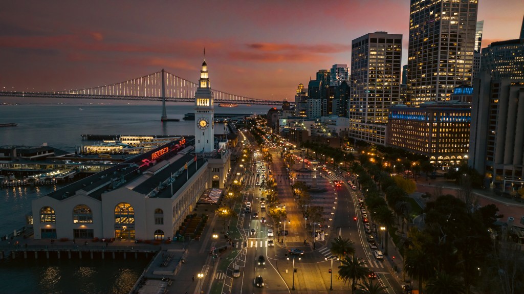 san francisco sunset drone shot over the Embarcadero