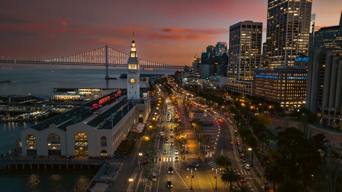 san francisco sunset drone shot over the Embarcadero