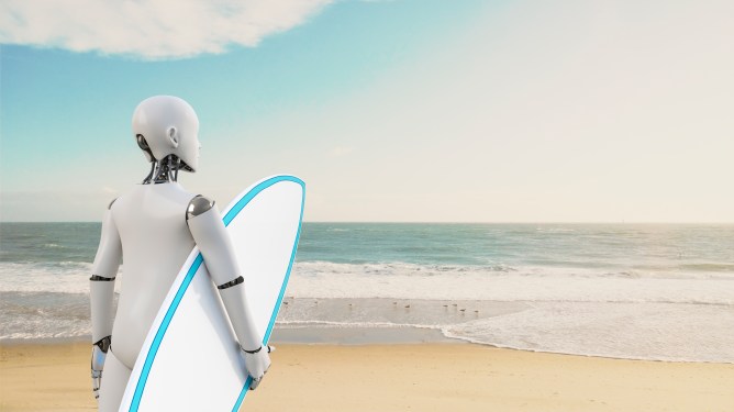Robot holding surfboard on the beach, 3d rendering