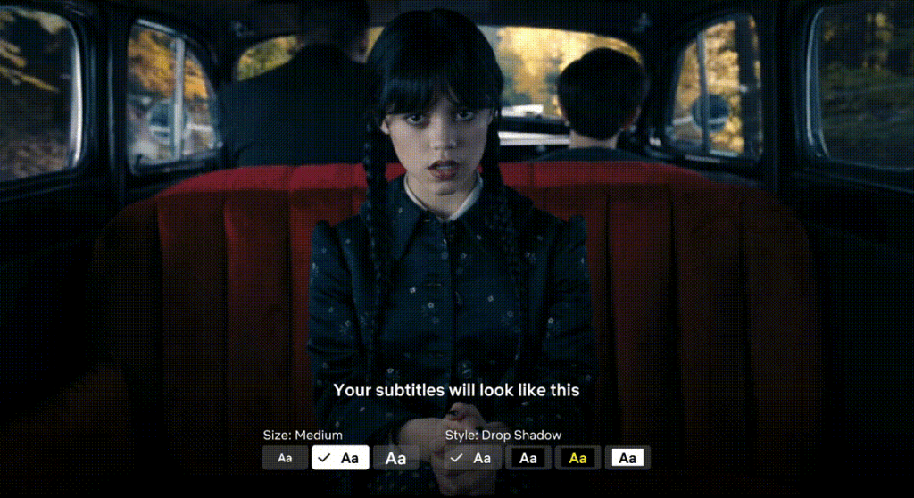 Netflix TV subtitles promo with scene from hit show Wednesday