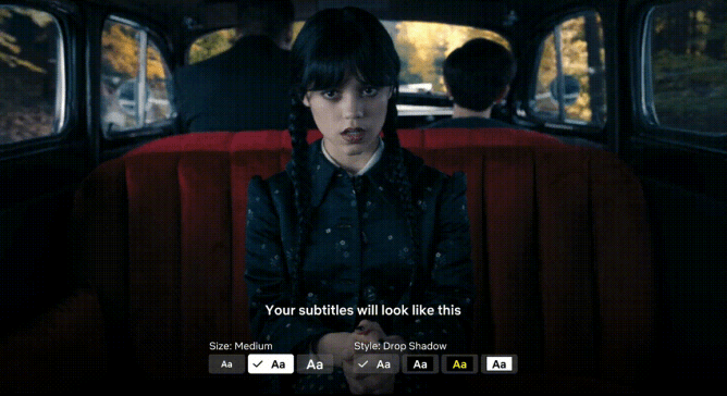 Netflix TV subtitles promo with scene from hit show Wednesday