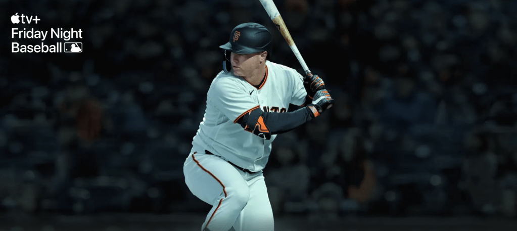Apple TV+ Friday night baseball. Left-handed Giants batter at the plate.